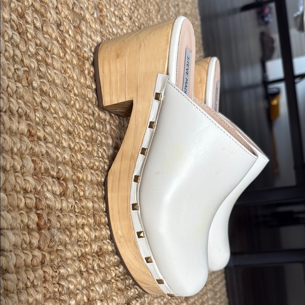 Chic White Leather Clogs with Wooden Platform